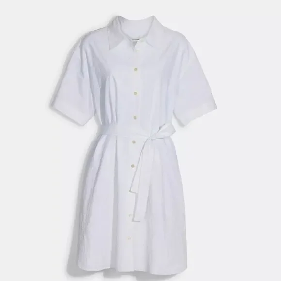 NWT Coach Wrinkled Button Down Dress White Short Sleeve Cotton Tie Pockets Mini - Picture 5 of 13
